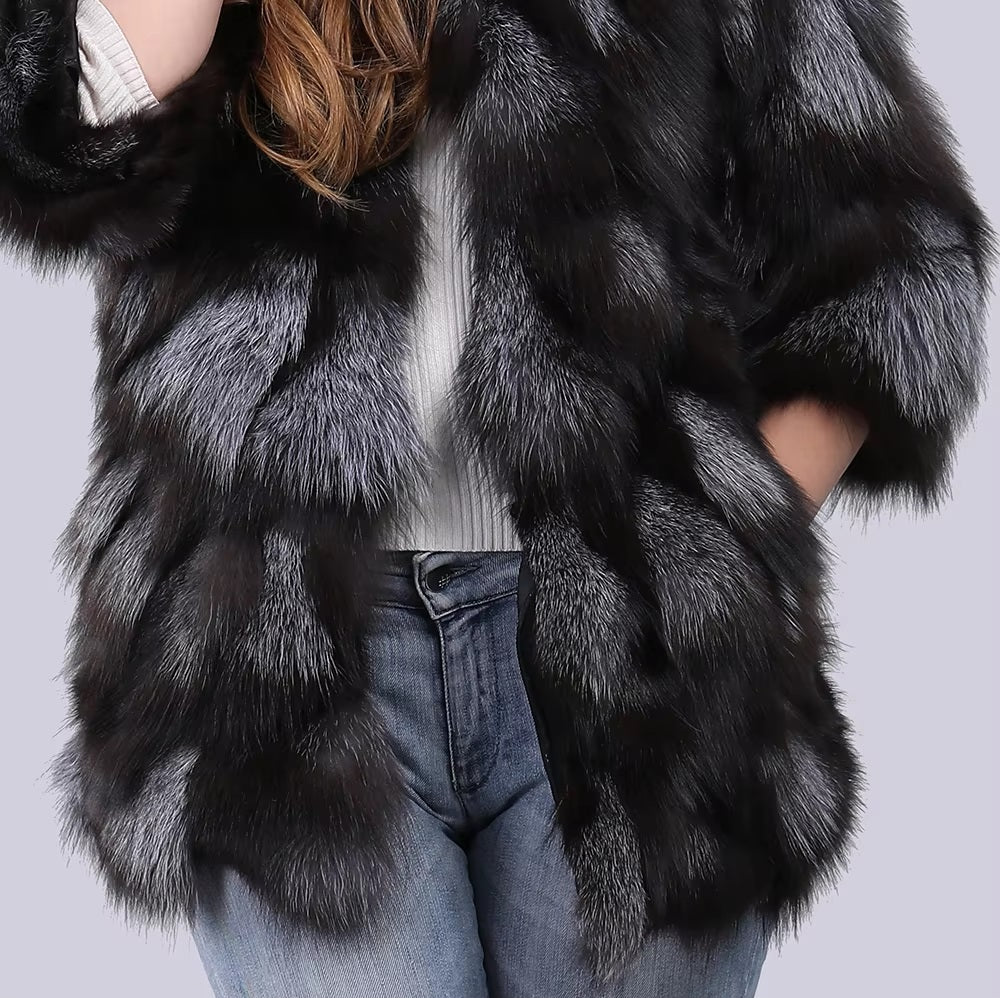 Real Natural Silver Fox Fur Genuine Luxury Outerwear Half Sleeve Jacket