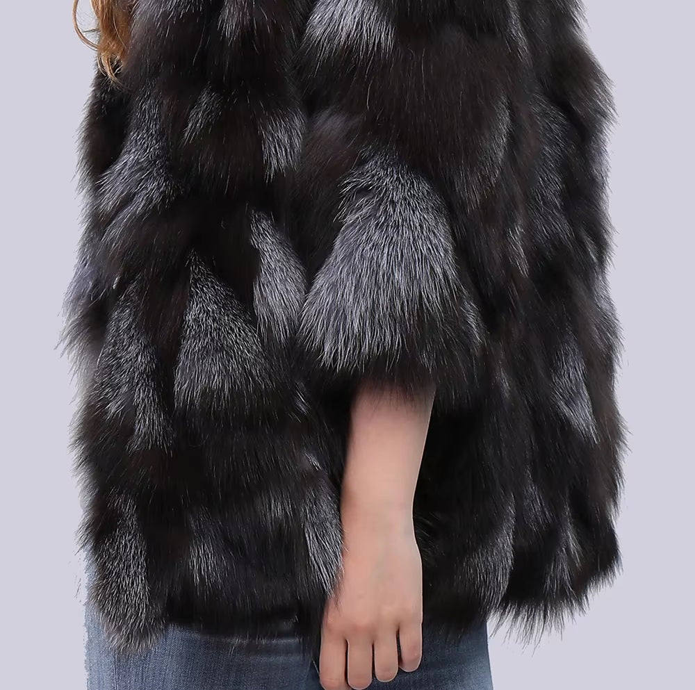 Real Natural Silver Fox Fur Genuine Luxury Outerwear Half Sleeve Jacket