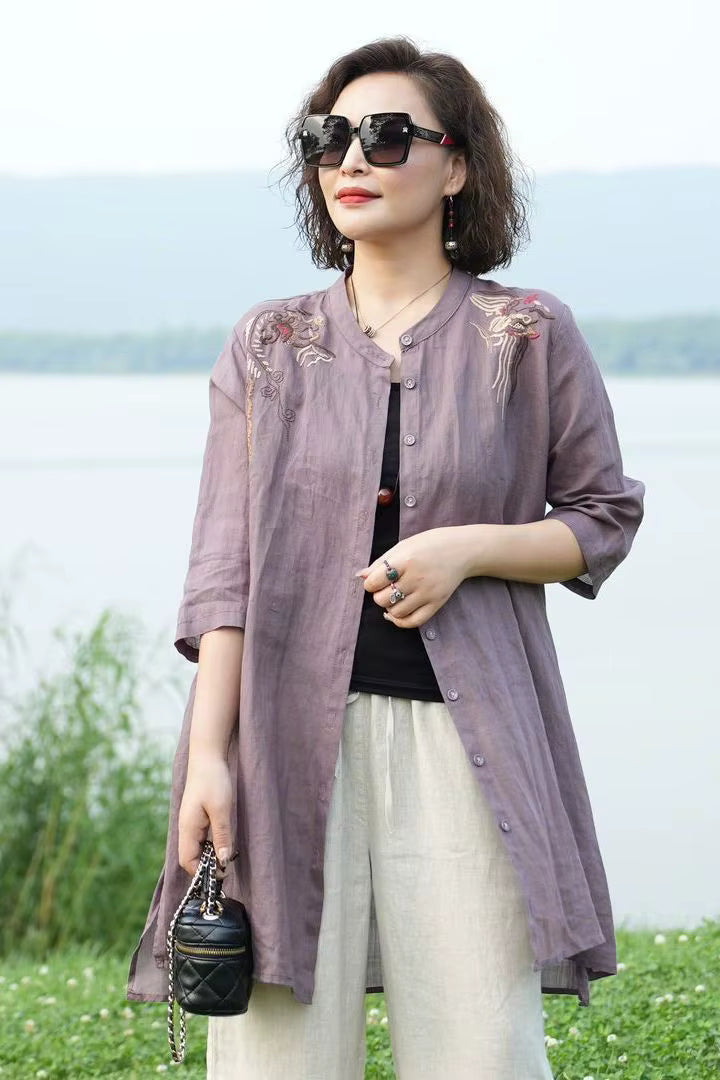 Retro Embroidered Temperament Cotton Linen Shirt Stand Collar Jacket