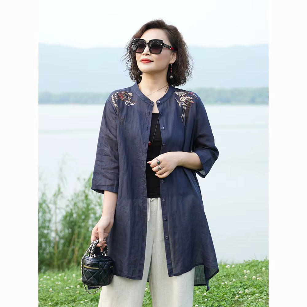 Retro Embroidered Temperament Cotton Linen Shirt Stand Collar Jacket