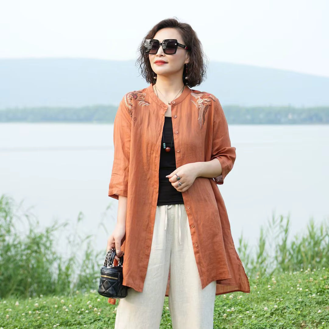 Retro Embroidered Temperament Cotton Linen Shirt Stand Collar Jacket