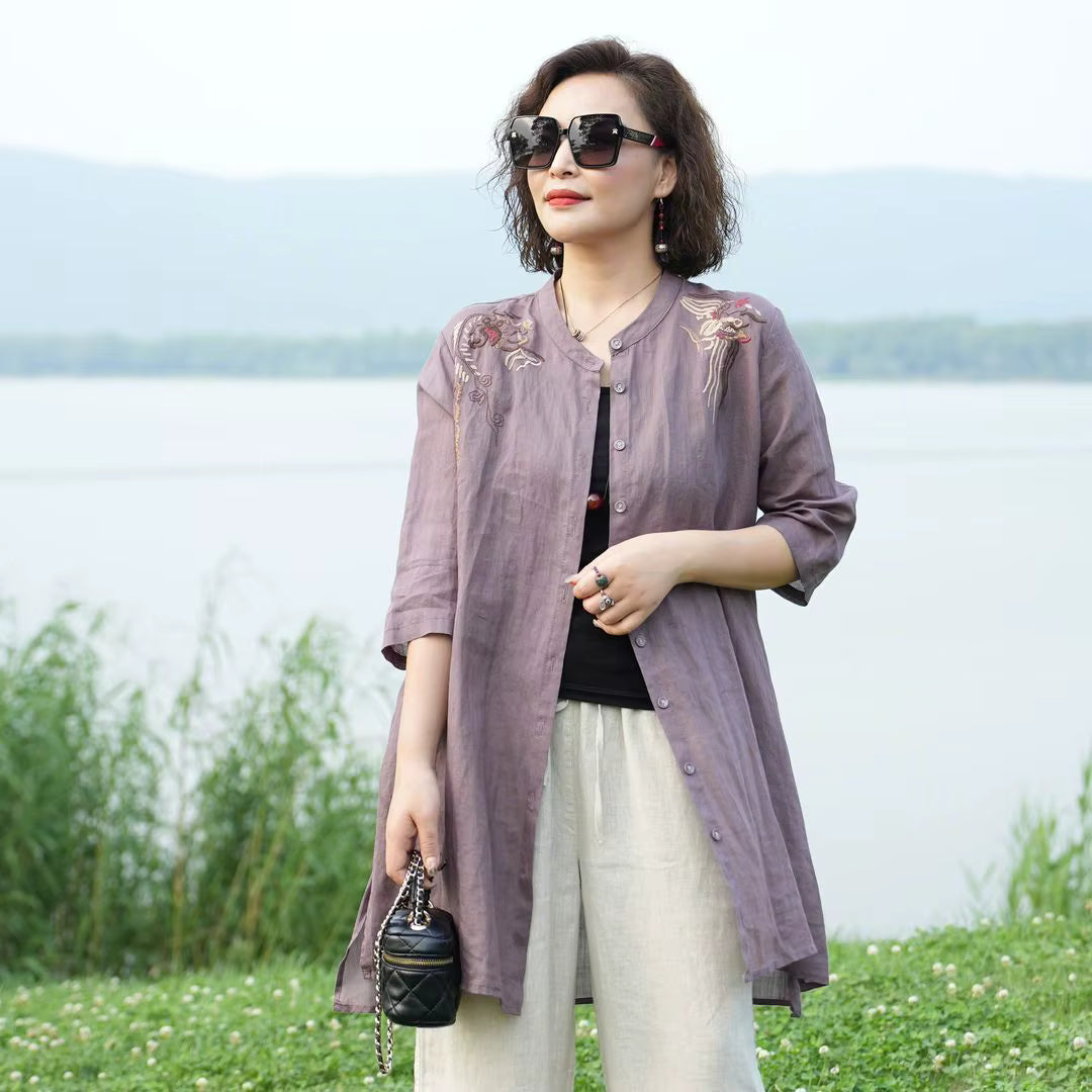 Retro Embroidered Temperament Cotton Linen Shirt Stand Collar Jacket