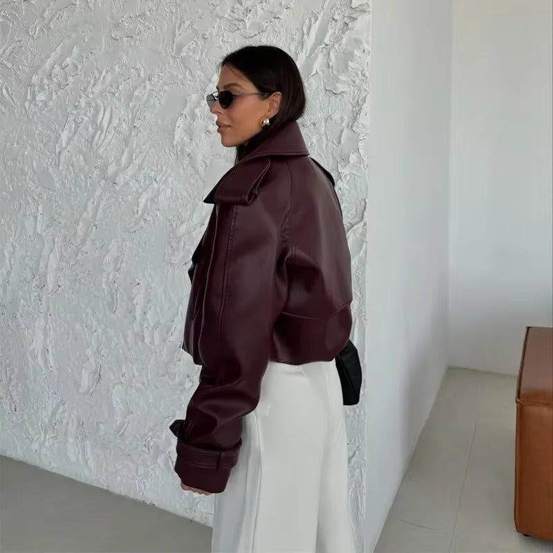 Retro Lapel Full Sleeves Pocket Chic High Street Outwear Short Jacket