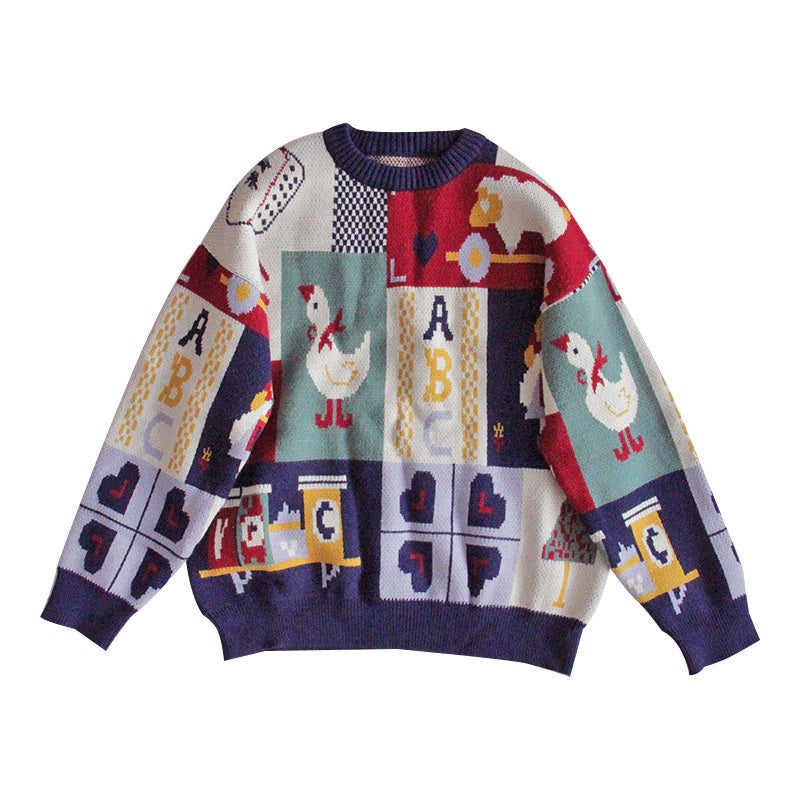 Retro Loose Soft Cartoon O-Neck Knitted Sweater