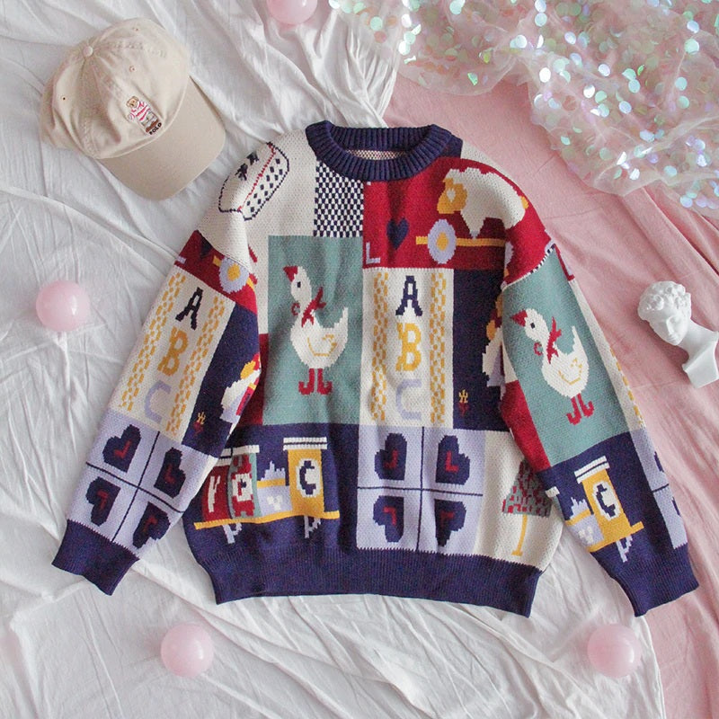 Retro Loose Soft Cartoon O-Neck Knitted Sweater