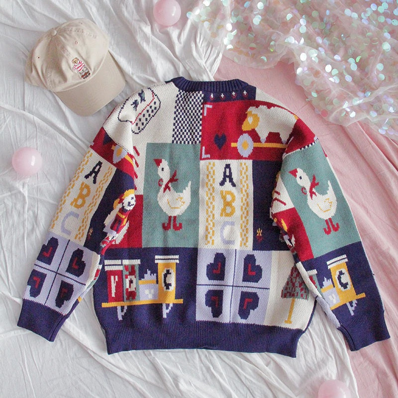 Retro Loose Soft Cartoon O-Neck Knitted Sweater