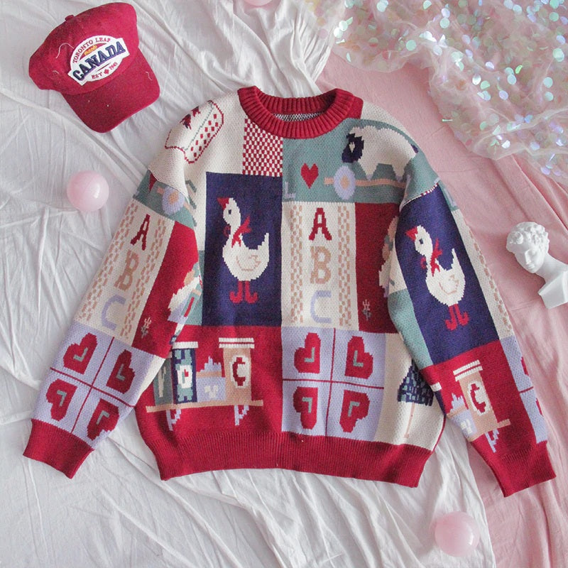 Retro Loose Soft Cartoon O-Neck Knitted Sweater
