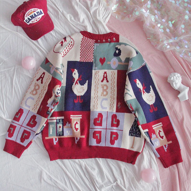Retro Loose Soft Cartoon O-Neck Knitted Sweater