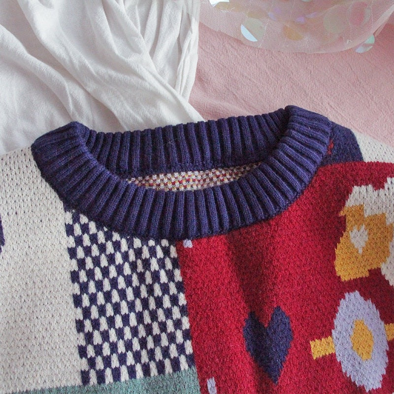 Retro Loose Soft Cartoon O-Neck Knitted Sweater