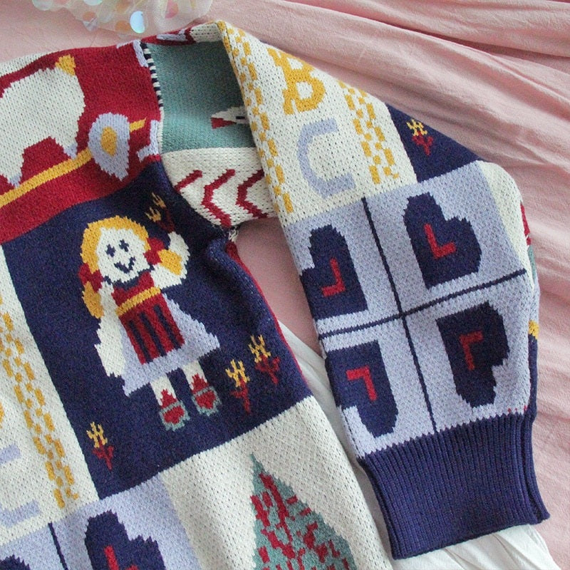Retro Loose Soft Cartoon O-Neck Knitted Sweater