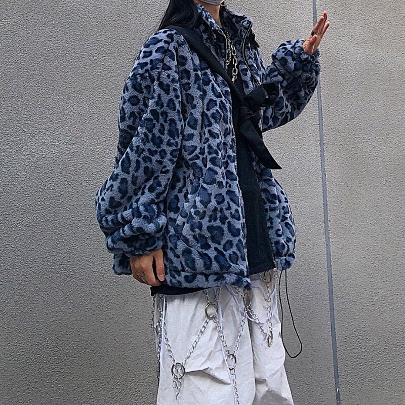 Retro Style Leopard Print Furry Loose Collar Zipper Thick Coat