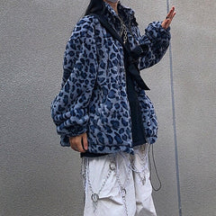 Retro Style Leopard Print Furry Loose Collar Zipper Thick Coat