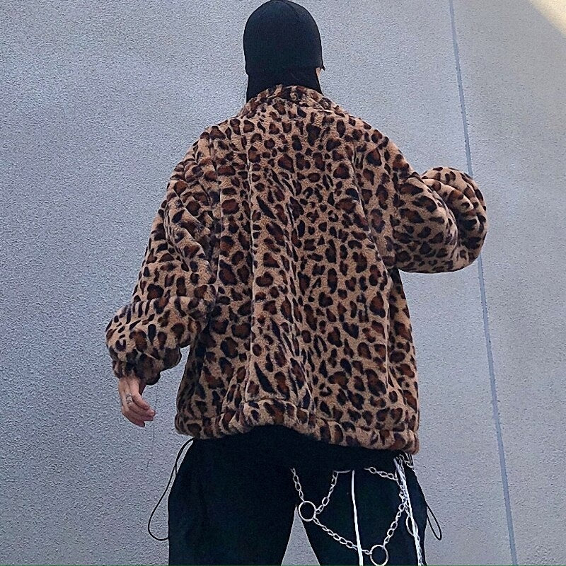Retro Style Leopard Print Furry Loose Collar Zipper Thick Coat