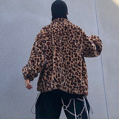 Retro Style Leopard Print Furry Loose Collar Zipper Thick Coat