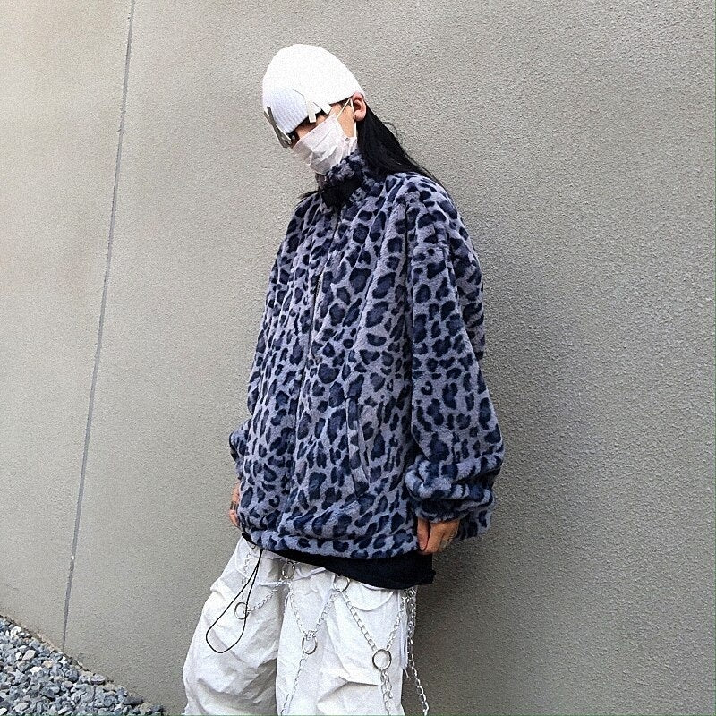 Retro Style Leopard Print Furry Loose Collar Zipper Thick Coat