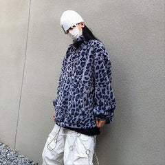 Retro Style Leopard Print Furry Loose Collar Zipper Thick Coat