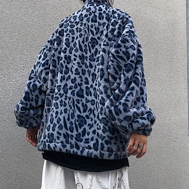 Retro Style Leopard Print Furry Loose Collar Zipper Thick Coat