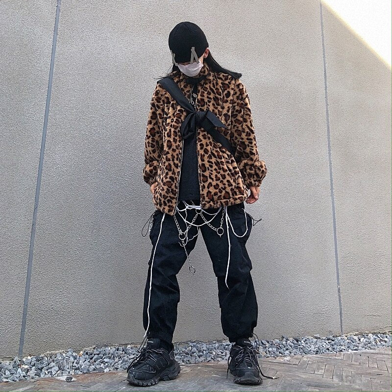 Retro Style Leopard Print Furry Loose Collar Zipper Thick Coat
