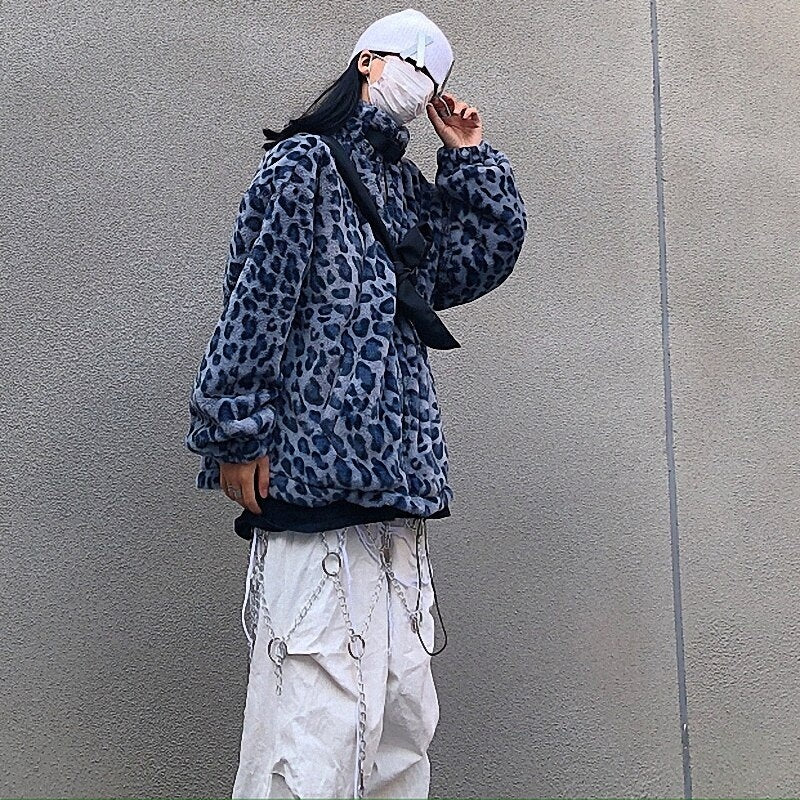Retro Style Leopard Print Furry Loose Collar Zipper Thick Coat