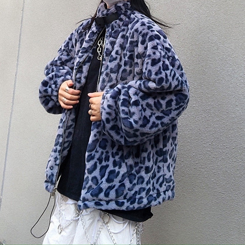 Retro Style Leopard Print Furry Loose Collar Zipper Thick Coat