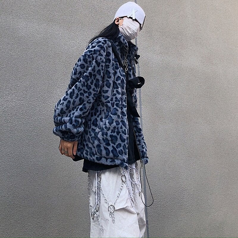 Retro Style Leopard Print Furry Loose Collar Zipper Thick Coat