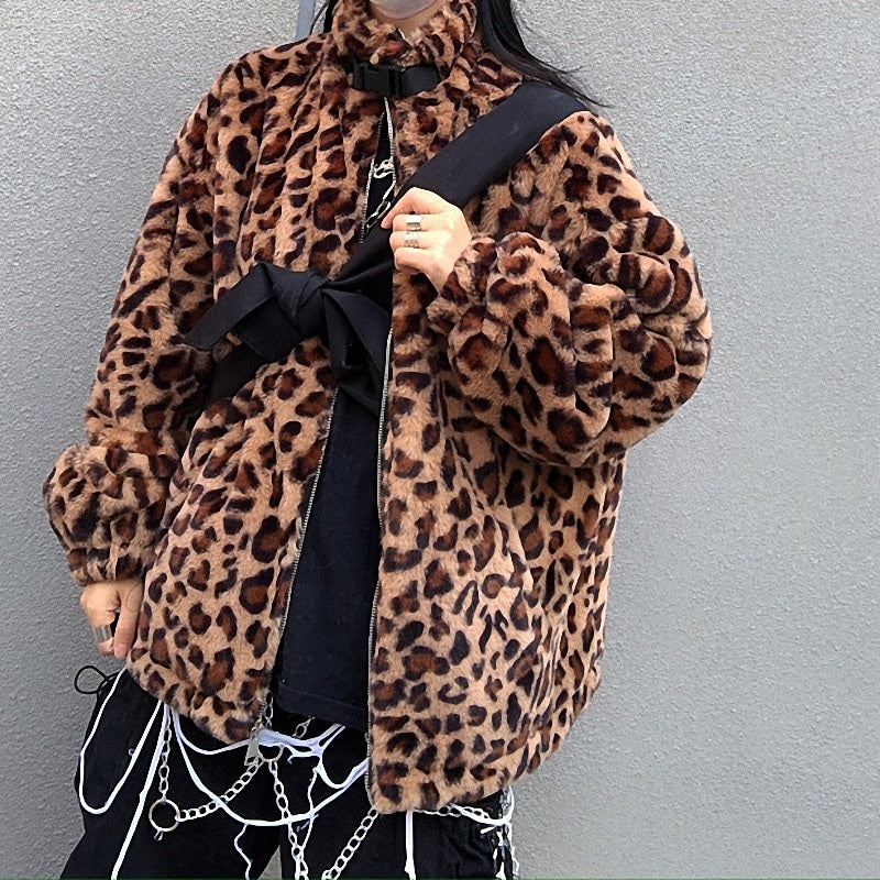 Retro Style Leopard Print Furry Loose Collar Zipper Thick Coat
