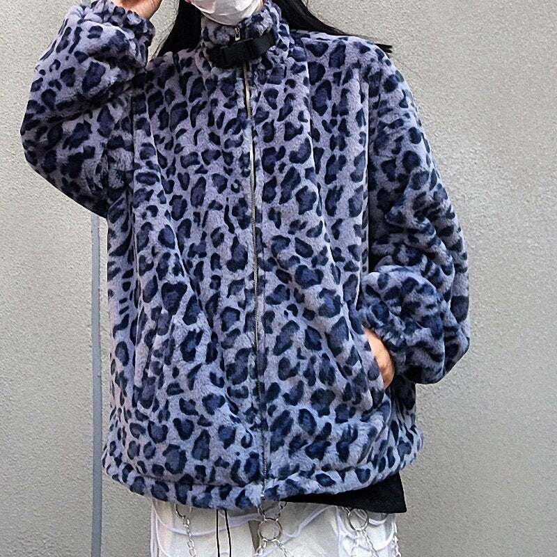 Retro Style Leopard Print Furry Loose Collar Zipper Thick Coat