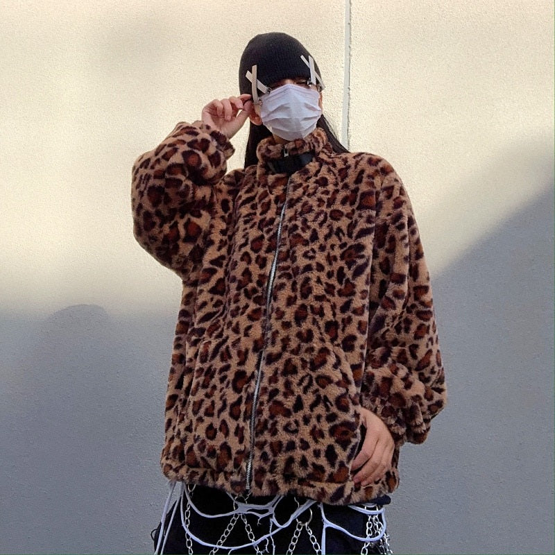 Retro Style Leopard Print Furry Loose Collar Zipper Thick Coat