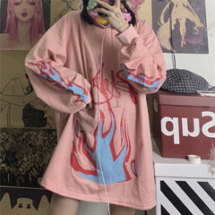 Retro Style Flame Print Loose O-Neck Long Sleeve Sweatshirt