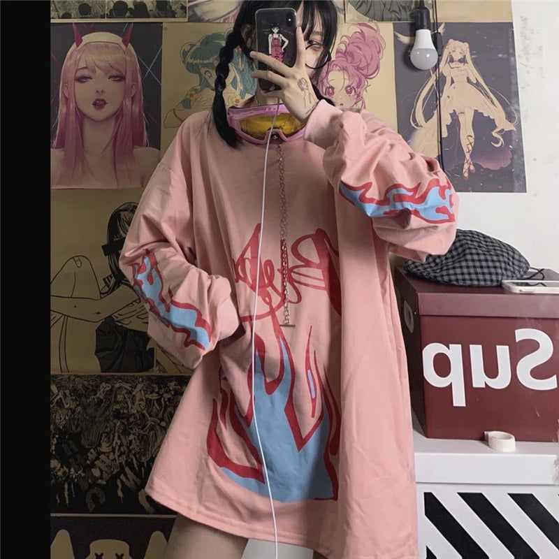 Retro Style Flame Print Loose O-Neck Long Sleeve Sweatshirt