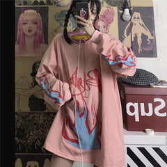 Retro Style Flame Print Loose O-Neck Long Sleeve Sweatshirt