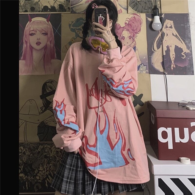 Retro Style Flame Print Loose O-Neck Long Sleeve Sweatshirt