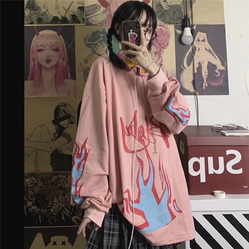 Retro Style Flame Print Loose O-Neck Long Sleeve Sweatshirt