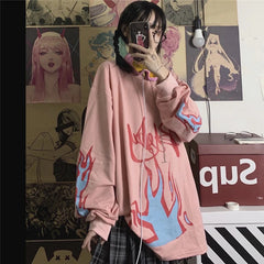 Retro Style Flame Print Loose O-Neck Long Sleeve Sweatshirt