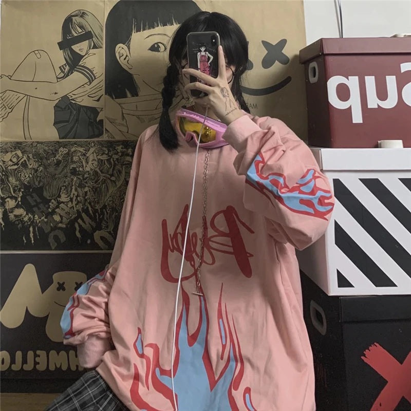 Retro Style Flame Print Loose O-Neck Long Sleeve Sweatshirt