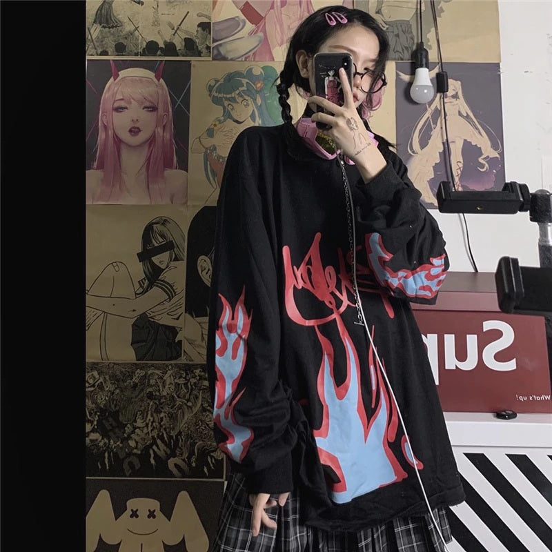 Retro Style Flame Print Loose O-Neck Long Sleeve Sweatshirt
