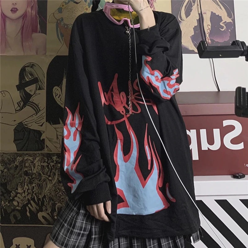 Retro Style Flame Print Loose O-Neck Long Sleeve Sweatshirt