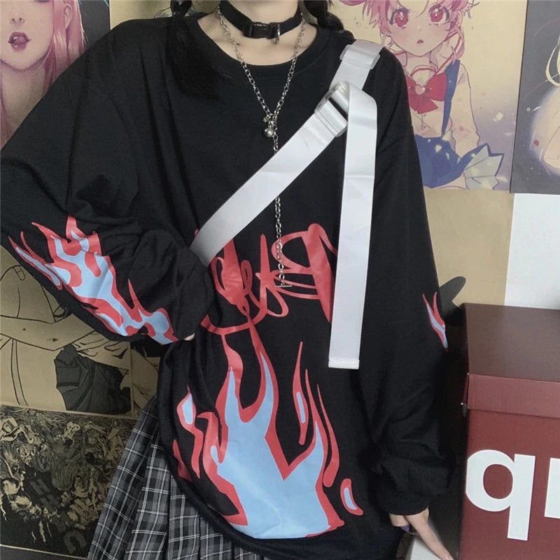 Retro Style Flame Print Loose O-Neck Long Sleeve Sweatshirt
