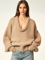 Rib-knit Neck Dropped Shoulder Long Sleeve Spring Over sized Sweater Tops
