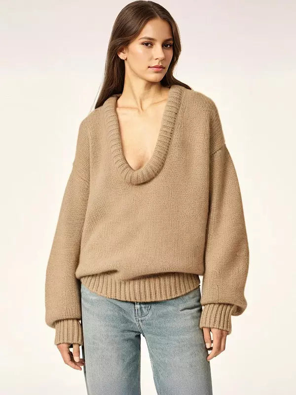 Rib-knit Neck Dropped Shoulder Long Sleeve Spring Over sized Sweater Tops