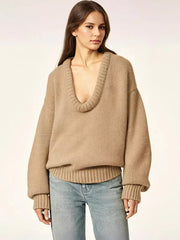 Rib-knit Neck Dropped Shoulder Long Sleeve Spring Over sized Sweater Tops
