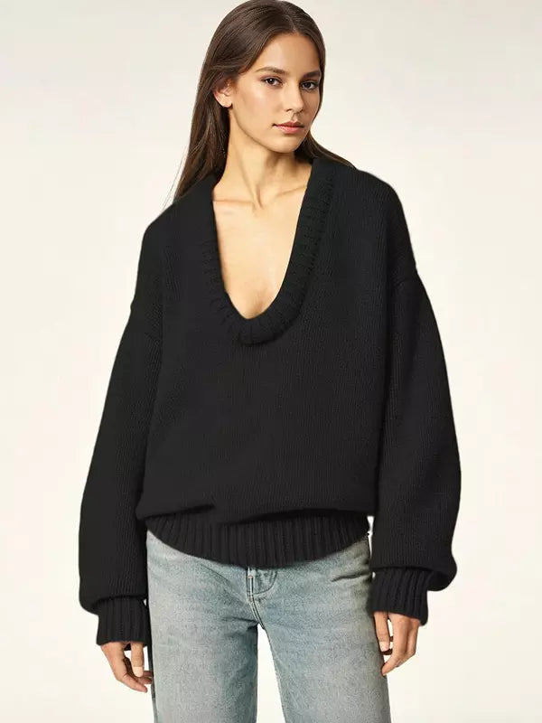 Rib-knit Neck Dropped Shoulder Long Sleeve Spring Over sized Sweater Tops