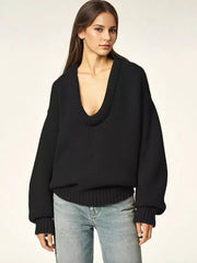 Rib-knit Neck Dropped Shoulder Long Sleeve Spring Over sized Sweater Tops