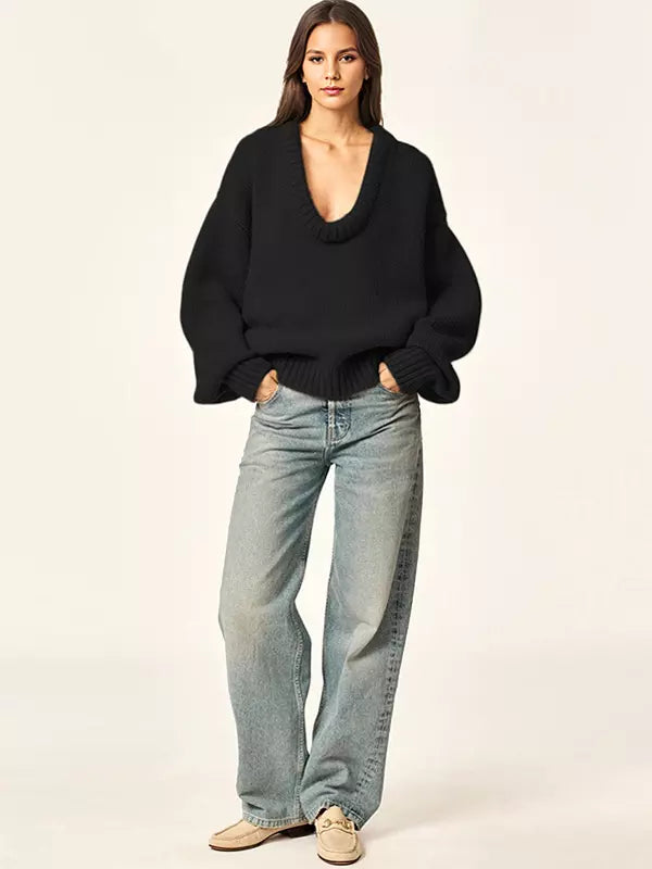 Rib-knit Neck Dropped Shoulder Long Sleeve Spring Over sized Sweater Tops