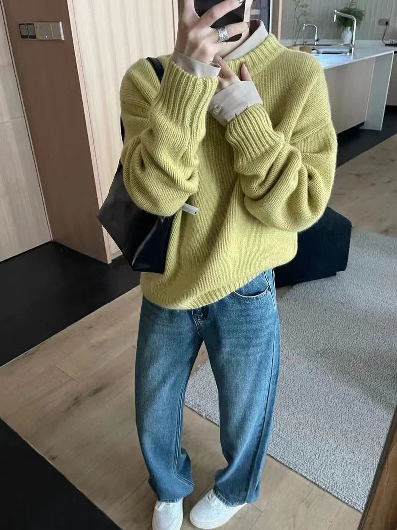 Round neck cashmere loose slim with lazy style thick wool knit Jumpers Sweater