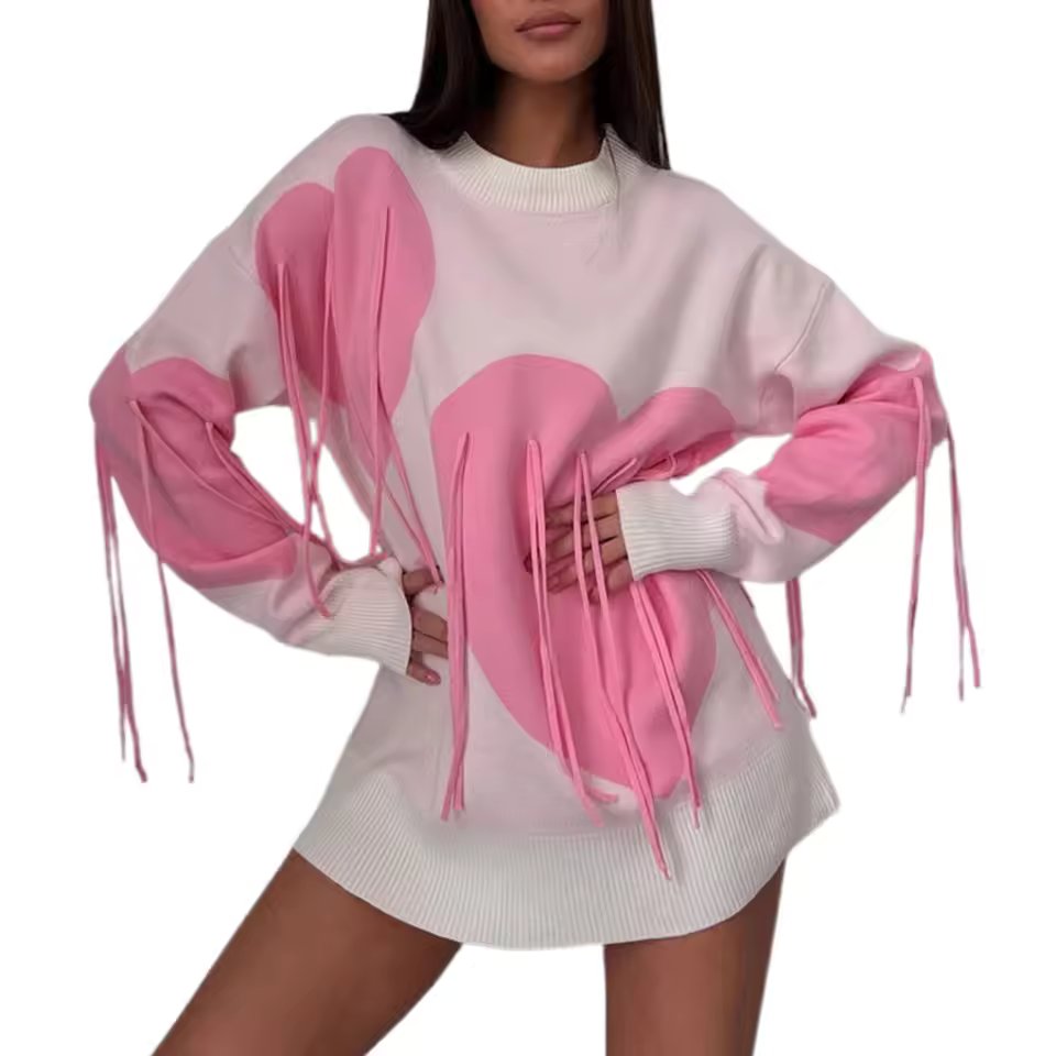Round Neck Knitwear Tassel Contrast Color Long Sleeve Ribber Loose Fit  Sweater Tops