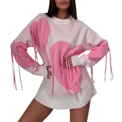 Round Neck Knitwear Tassel Contrast Color Long Sleeve Ribber Loose Fit  Sweater Tops