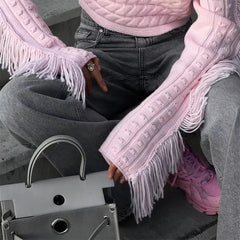 Tassels Off Shoulder Crop Twist Fashion Slash Neck Long Sleeve Pullover High Street Sweater