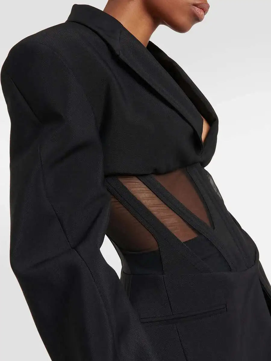 Patchwork Design Long Sleeve Notched Waist Blazer Jacket