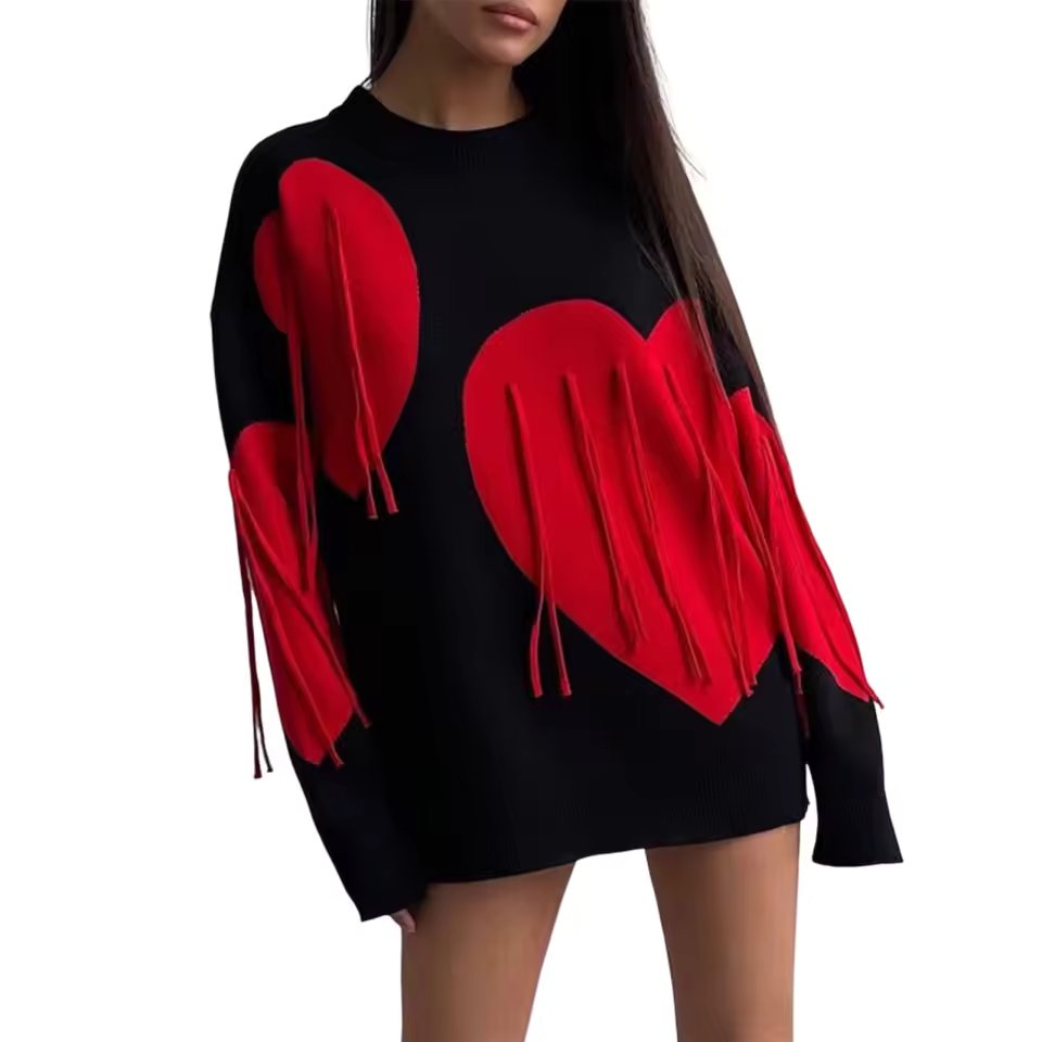 Round Neck Knitwear Tassel Contrast Color Long Sleeve Ribber Loose Fit  Sweater Tops
